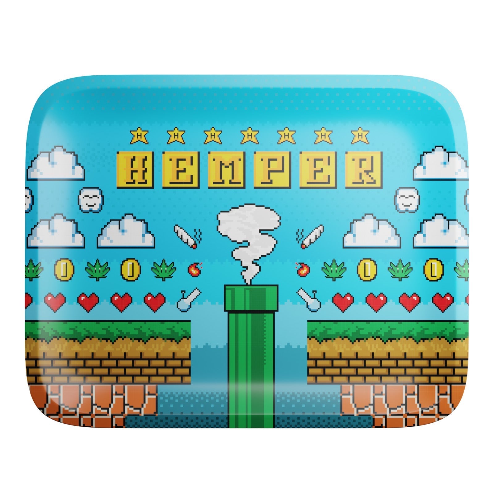 The Gaming Rolling Tray showcases a vibrant, overhead view of a colorful, pixelated landscape design. The Gaming Rolling Tray showcases a vibrant, overhead view of a colorful, pixelated landscape design.