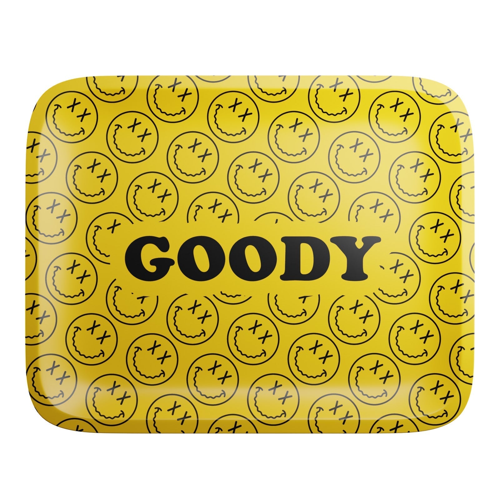 A top-down view of the Yellow Pattern Face Rolling Tray showcases a bright yellow surface with a repeating patterned design. A top-down view of the Yellow Pattern Face Rolling Tray showcases a bright yellow surface with a repeating patterned design.