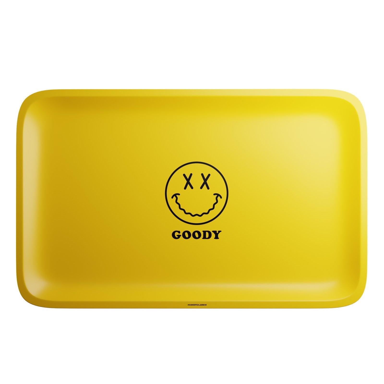 Overhead view of the Yellow Big Face Rolling Tray featuring a large, smiling face design on a bright yellow background. Overhead view of the Yellow Big Face Rolling Tray featuring a large, smiling face design on a bright yellow background.