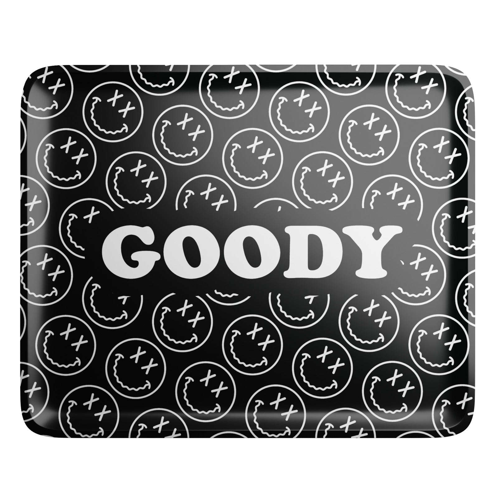 Overhead view of the Black Pattern Face Rolling Tray, featuring a repeating face pattern on a dark surface. Overhead view of the Black Pattern Face Rolling Tray, featuring a repeating face pattern on a dark surface.
