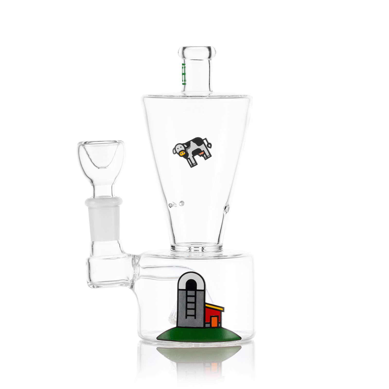 The Tornado Bong is shown in a front view, featuring a clear glass construction and a unique, twisting design. The Tornado Bong is shown in a front view, featuring a clear glass construction and a unique, twisting design.