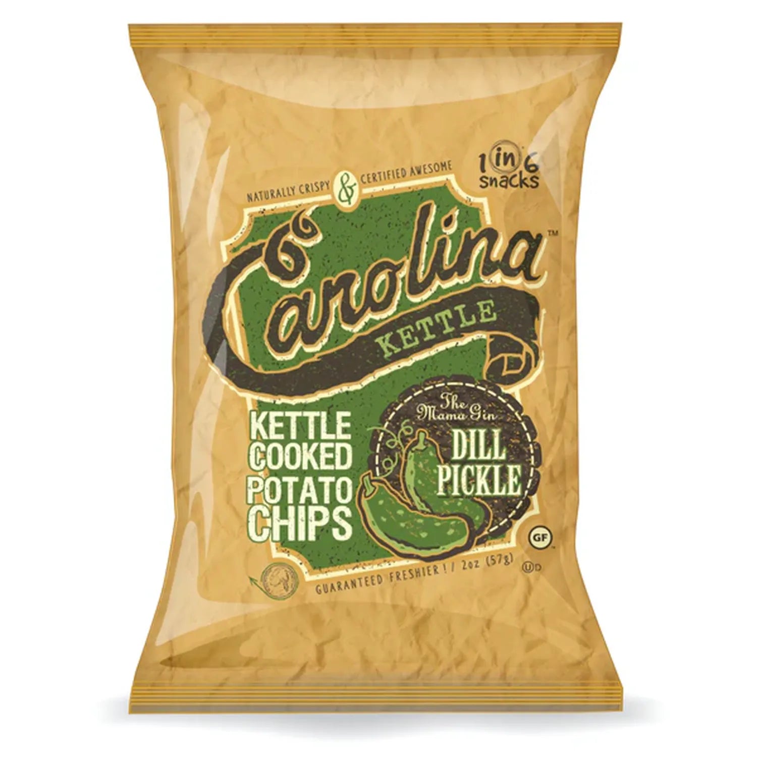 A front view of Carolina Kettle The Mama Gin Dill Pickle Chips in a silver bag with colorful graphics. A front view of Carolina Kettle The Mama Gin Dill Pickle Chips in a silver bag with colorful graphics.