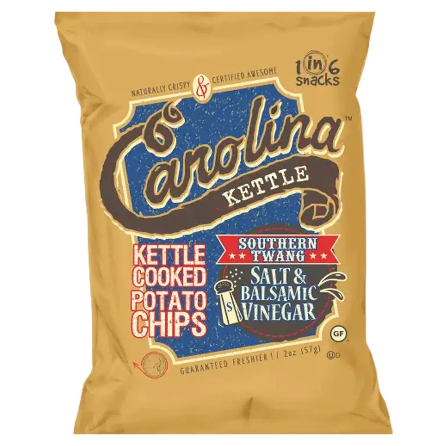 A close-up, angled view of Carolina Kettle Southern Twang Salt and Balsamic Vinegar Chips in a dark, branded bag. A close-up, angled view of Carolina Kettle Southern Twang Salt and Balsamic Vinegar Chips in a dark, branded bag.