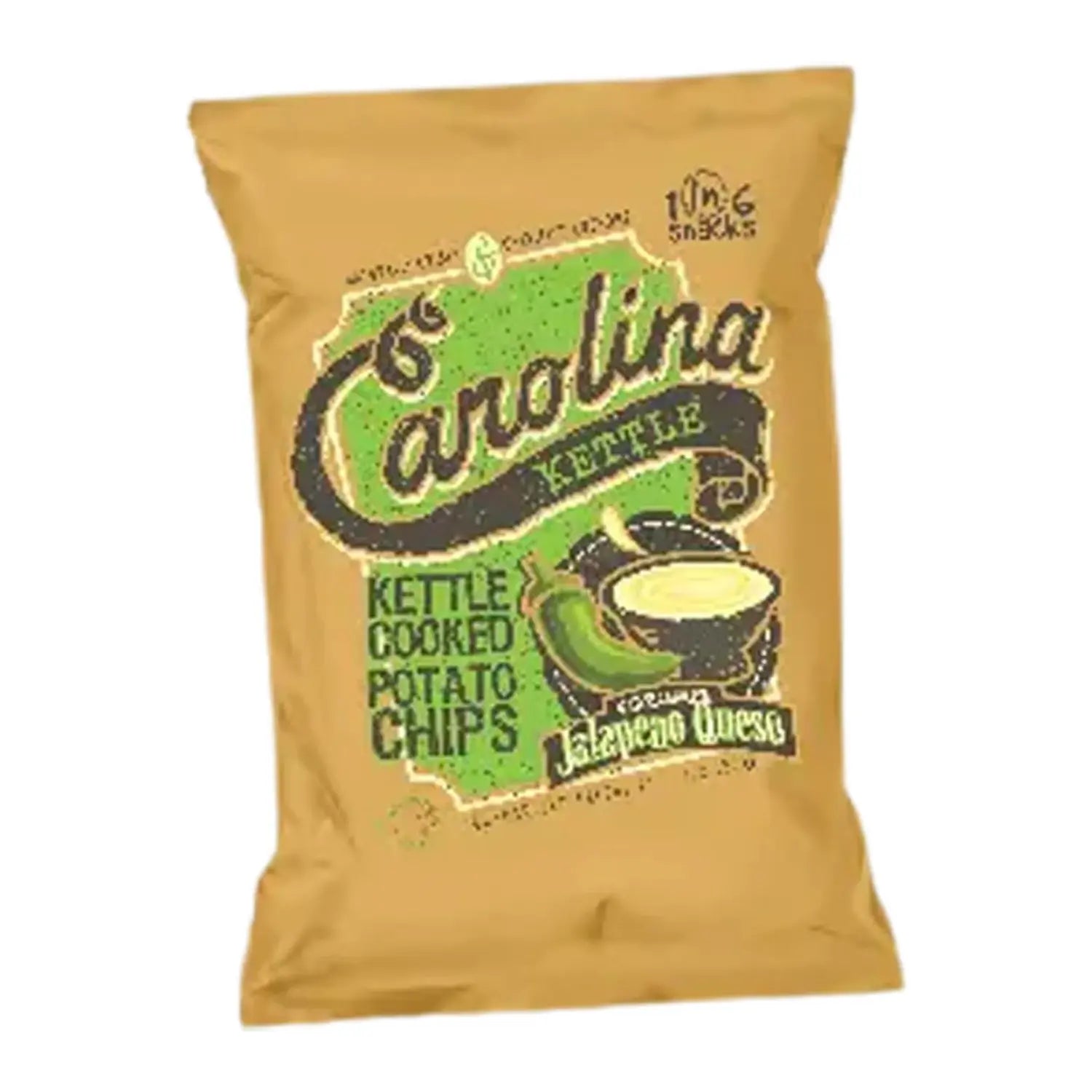 Front view of Carolina Kettle Cozumel Jalapeno Queso Chips in a colorful, branded bag. Front view of Carolina Kettle Cozumel Jalapeno Queso Chips in a colorful, branded bag.