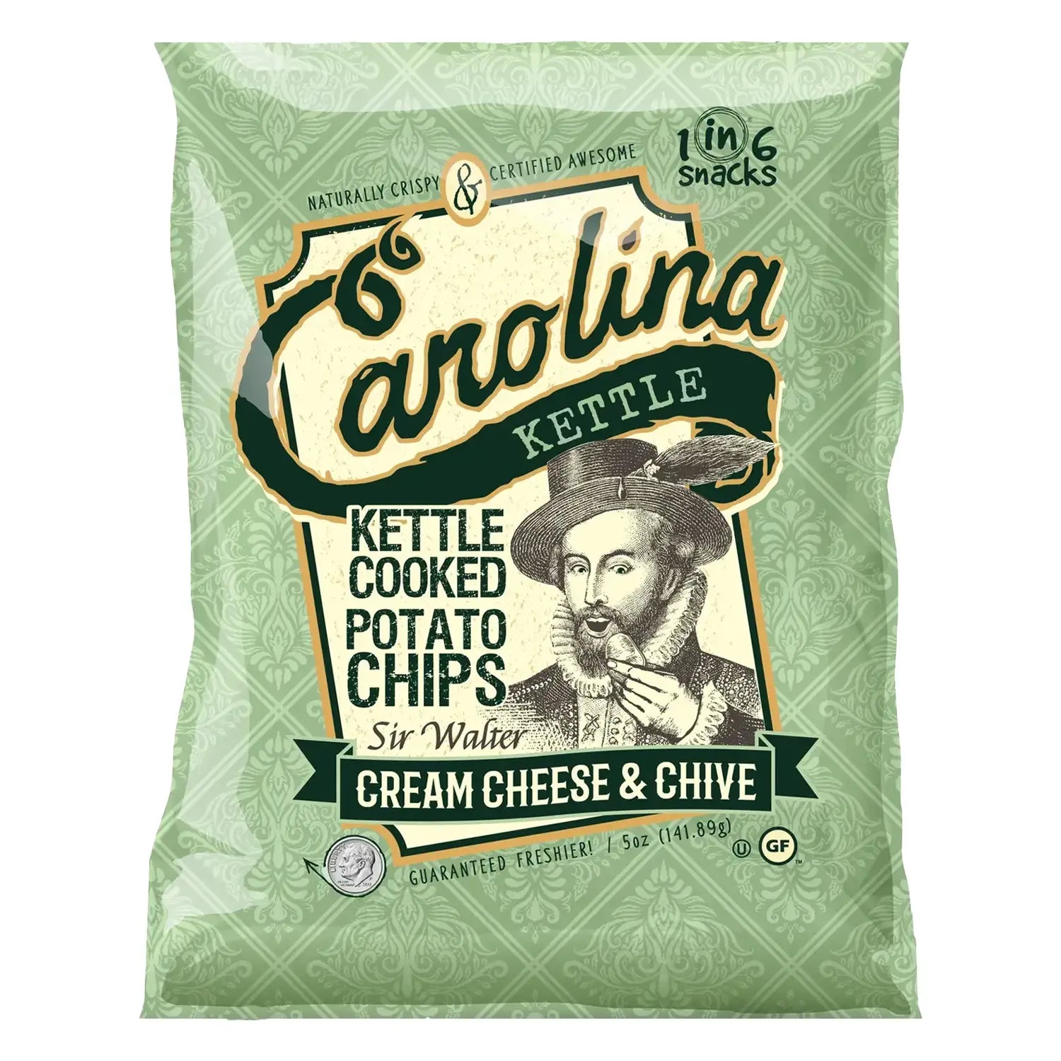 Carolina Kettle Sir Walter Cream Cheese and Chive Chips packaging in a front view, with a colorful design and typography. Carolina Kettle Sir Walter Cream Cheese and Chive Chips packaging in a front view, with a colorful design and typography.