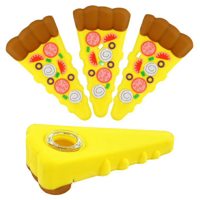 A top-down view of the Silicone Pizza Slice Hand Pipe, resembling a colorful slice with detailed crust and topping textures. A top-down view of the Silicone Pizza Slice Hand Pipe, resembling a colorful slice with detailed crust and topping textures.