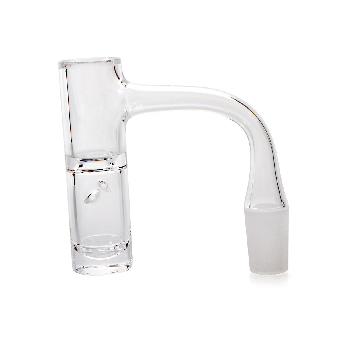 A close-up, angled view of the Full Weld Auto Spinner Hybrid Quartz Banger, showcasing its clear quartz construction and seamless weld. A close-up, angled view of the Full Weld Auto Spinner Hybrid Quartz Banger, showcasing its clear quartz construction and seamless weld.