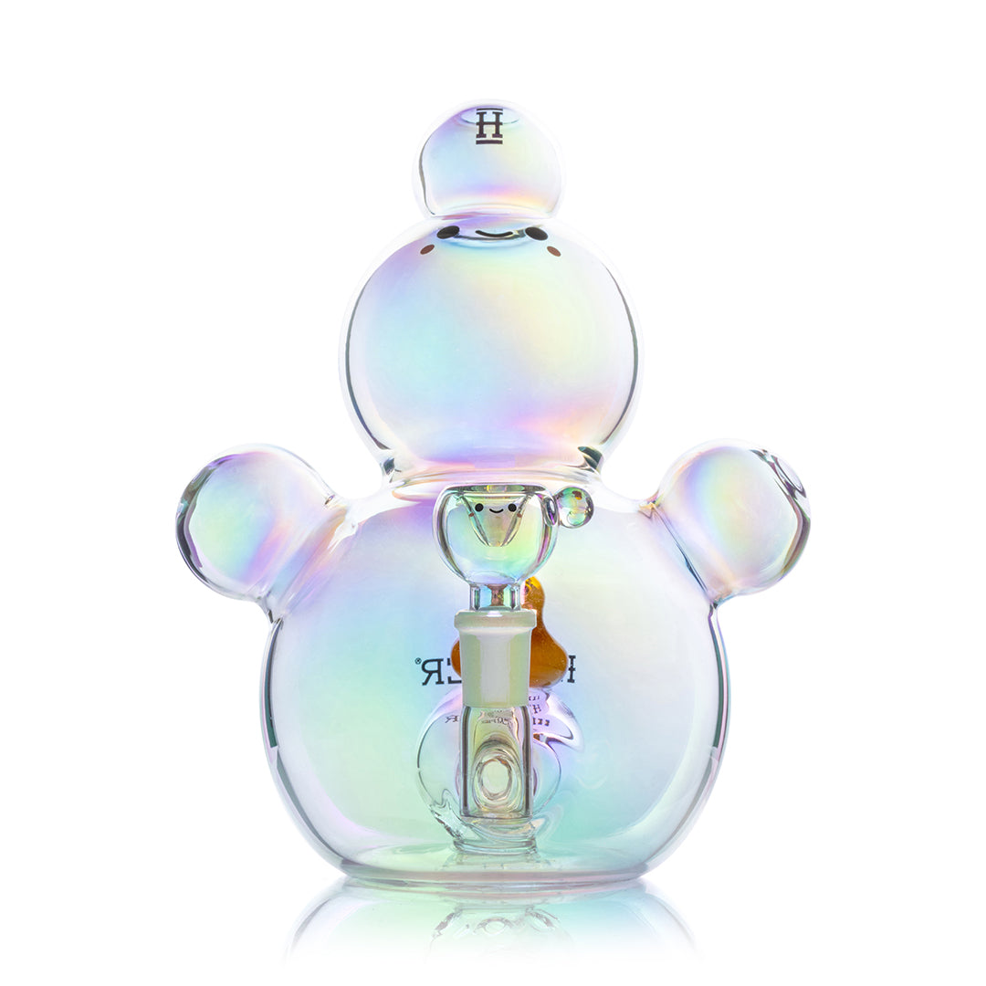 Front view of the XL Bubble Bong, a clear glass water pipe with a rounded, bulbous shape and smooth lines. Front view of the XL Bubble Bong, a clear glass water pipe with a rounded, bulbous shape and smooth lines.