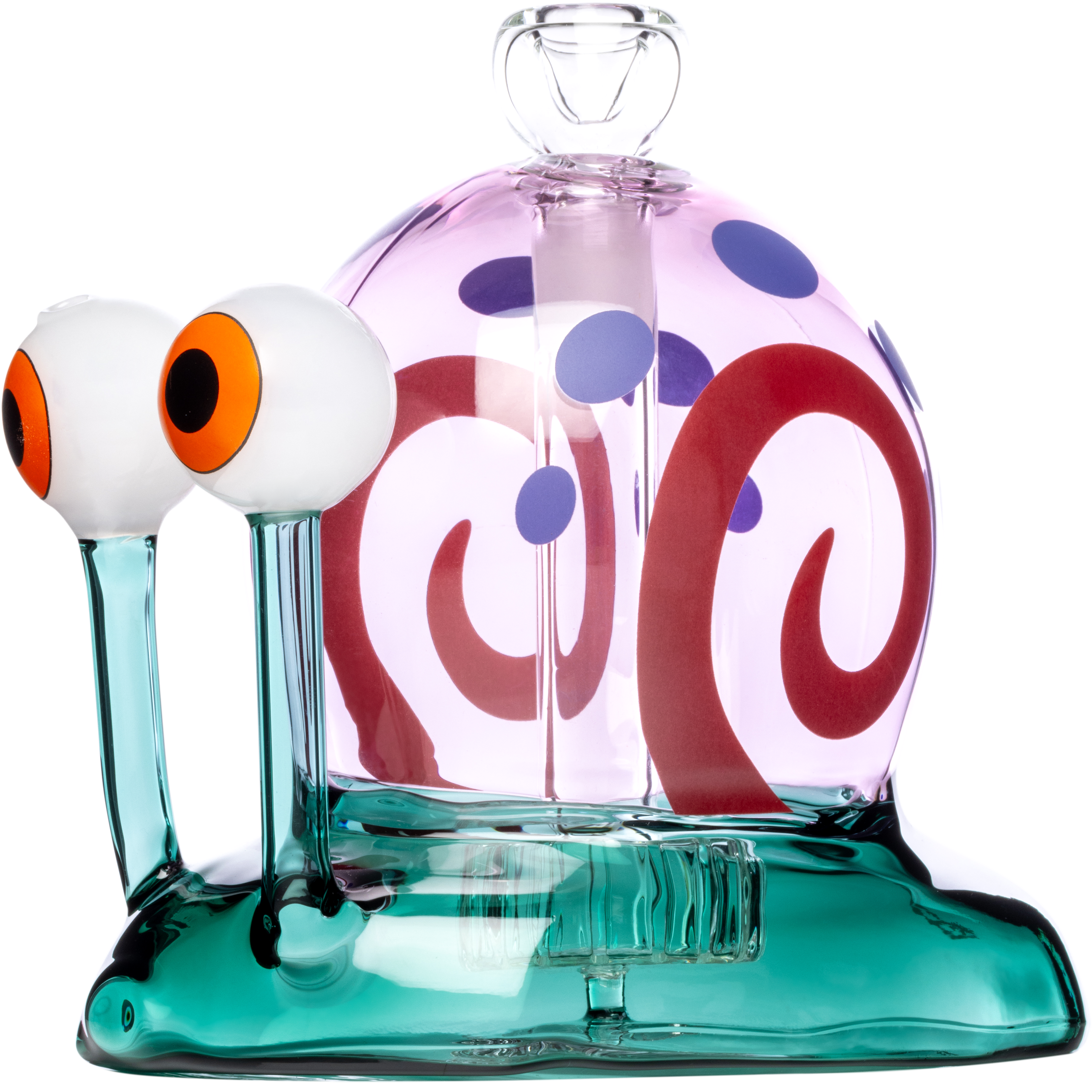 Front view of the Snail XL Bong, a colorful glass piece shaped like a snail with a bulbous body and curved neck. Front view of the Snail XL Bong, a colorful glass piece shaped like a snail with a bulbous body and curved neck.