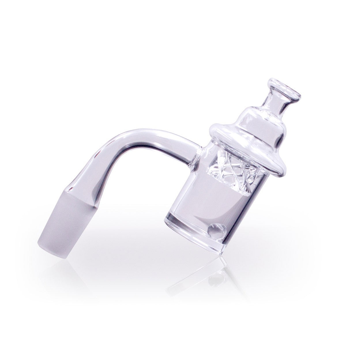 A studio shot displays the Quartz Banger Kit, a clear glass piece angled against a reflective white surface. A studio shot displays the Quartz Banger Kit, a clear glass piece angled against a reflective white surface.