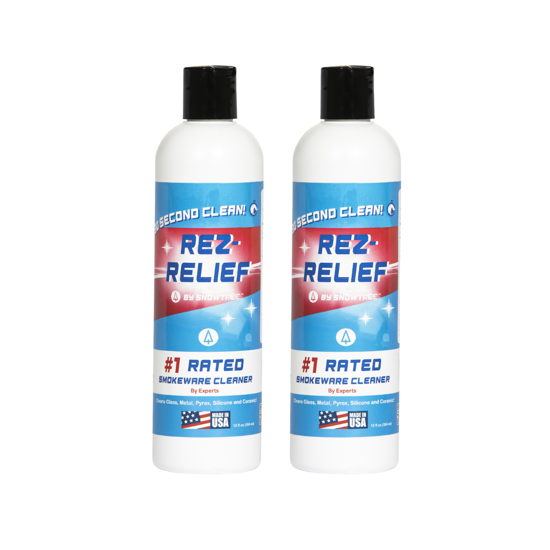 Front view of the Rez Relief Cleaning Solution bottle with a blue and white label against a plain white background. Front view of the Rez Relief Cleaning Solution bottle with a blue and white label against a plain white background.