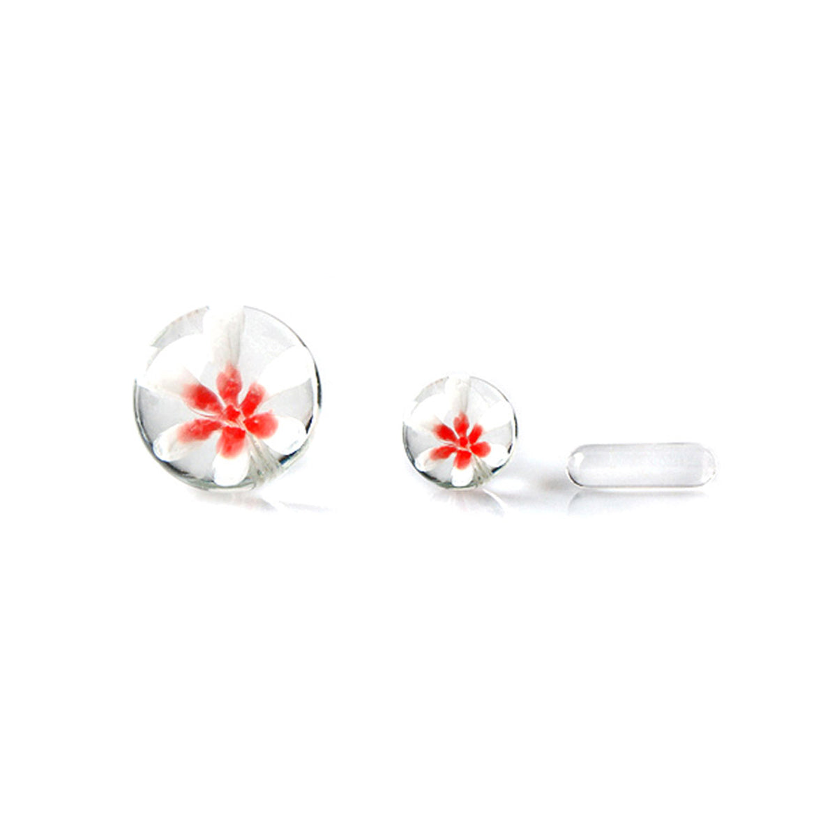 A three-dimensional view of the Glass 3D Flower Terp Slurper Set, showcasing a delicate floral design within clear glass. A three-dimensional view of the Glass 3D Flower Terp Slurper Set, showcasing a delicate floral design within clear glass.