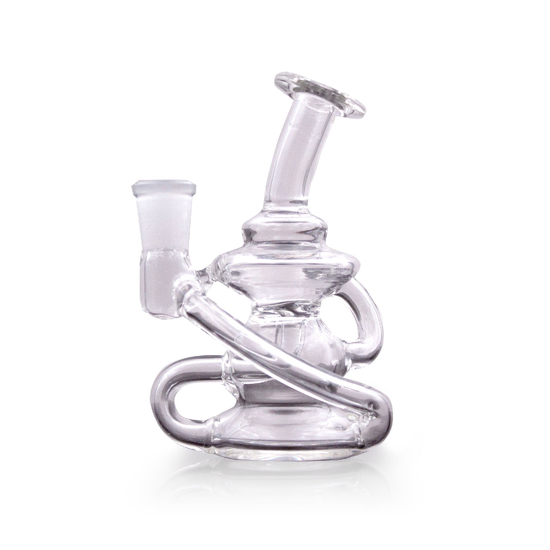 A front view of the Klein Recycler Mini Rig, showcasing its clear glass construction and compact, rounded form. A front view of the Klein Recycler Mini Rig, showcasing its clear glass construction and compact, rounded form.