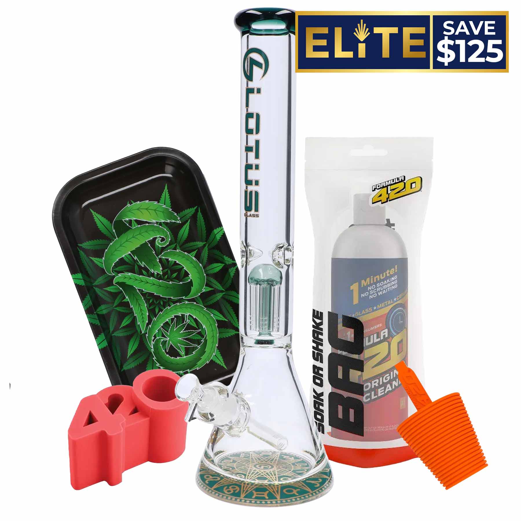 A close-up of the 420 Combo with a clear glass beaker, alongside red silicone pieces and promotional text on a black backdrop. A close-up of the 420 Combo with a clear glass beaker, alongside red silicone pieces and promotional text on a black backdrop.