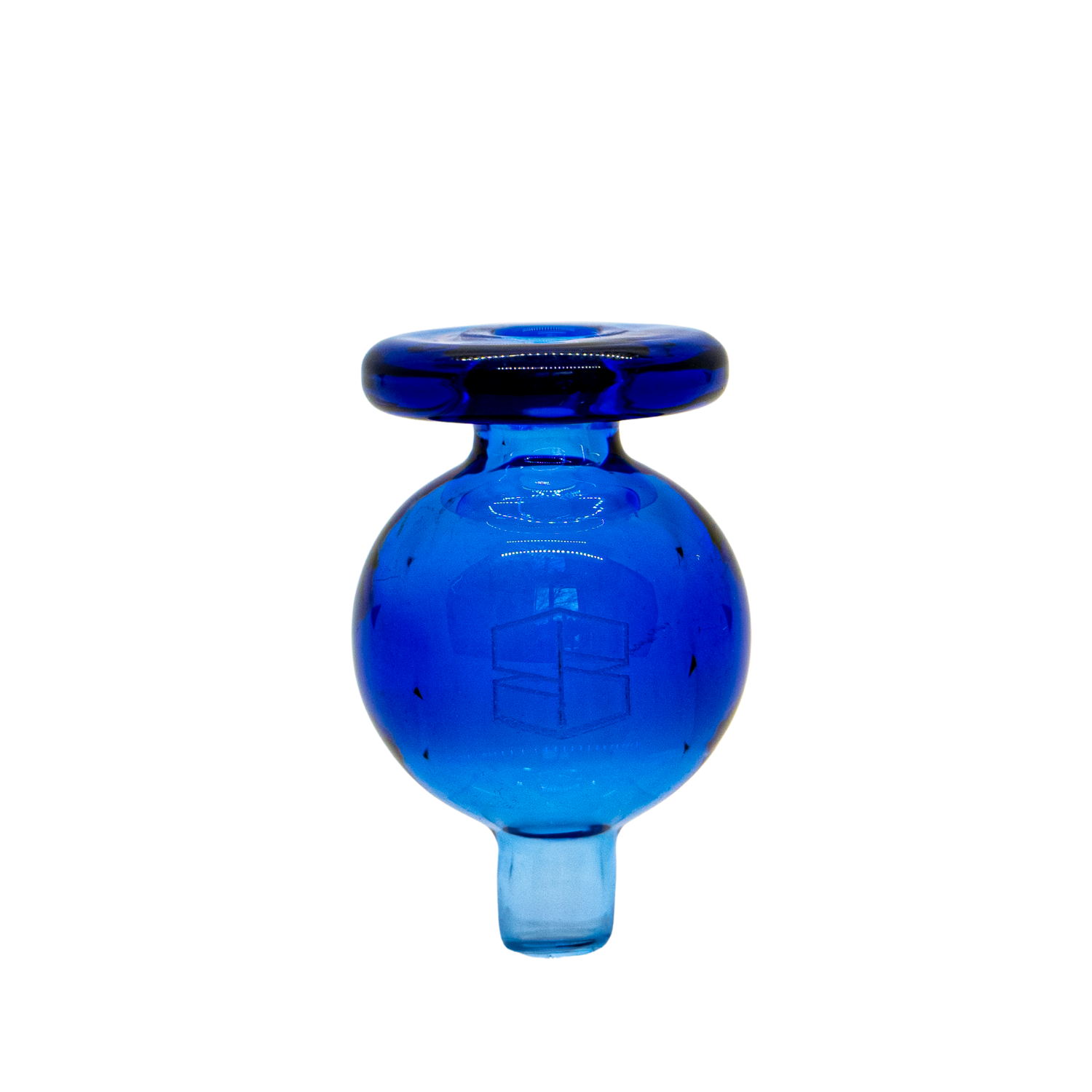 A slightly angled view of the Color Bubble Carb Cap, showing its rounded, blue glass design against a plain white background. A slightly angled view of the Color Bubble Carb Cap, showing its rounded, blue glass design against a plain white background.