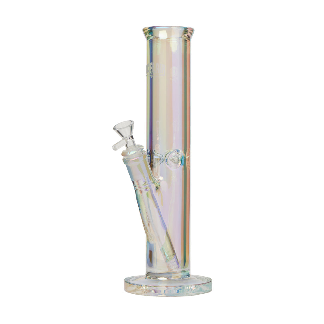 A straight-on view of the Ric Flair Drip Straight Tube Water Pipe, showcasing its sleek, clear glass construction. A straight-on view of the Ric Flair Drip Straight Tube Water Pipe, showcasing its sleek, clear glass construction.
