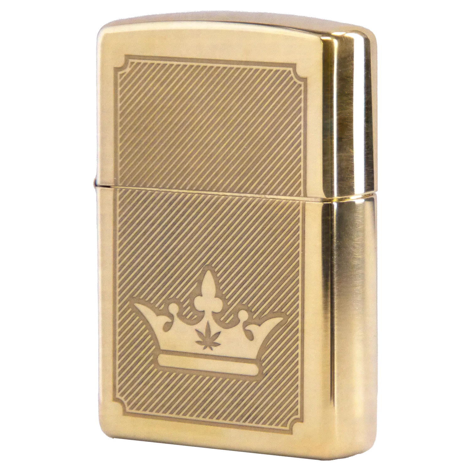 Front view of the Queen of Bud Golden Lines of Triumph Zippo, displaying a gold-toned lighter with vertical lines and a rectangular frame. Front view of the Queen of Bud Golden Lines of Triumph Zippo, displaying a gold-toned lighter with vertical lines and a rectangular frame.
