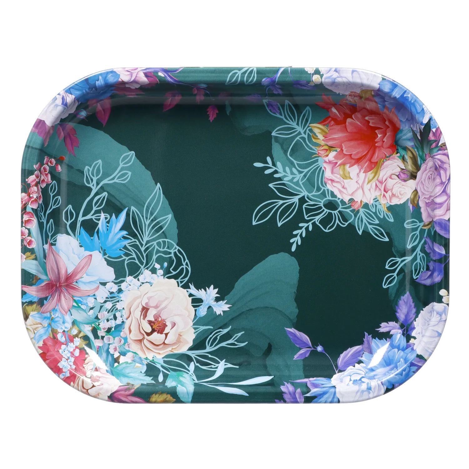 Overhead view of the Famous Design Floral Lush Rolling Tray displaying a vibrant floral pattern on its surface. Overhead view of the Famous Design Floral Lush Rolling Tray displaying a vibrant floral pattern on its surface.
