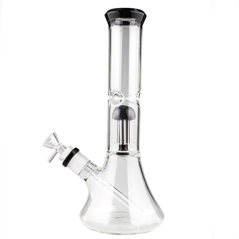 Front view of the 6 Arm Perc Beaker Bong, a clear glass water pipe with a multi-arm percolator visible inside. Front view of the 6 Arm Perc Beaker Bong, a clear glass water pipe with a multi-arm percolator visible inside.