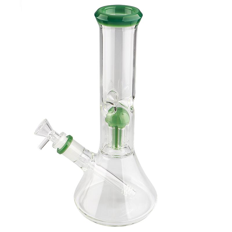 A front view of the 6 Arm Perc Beaker Bong, showcasing the clear glass construction and multiple arms within the beaker base. A front view of the 6 Arm Perc Beaker Bong, showcasing the clear glass construction and multiple arms within the beaker base.