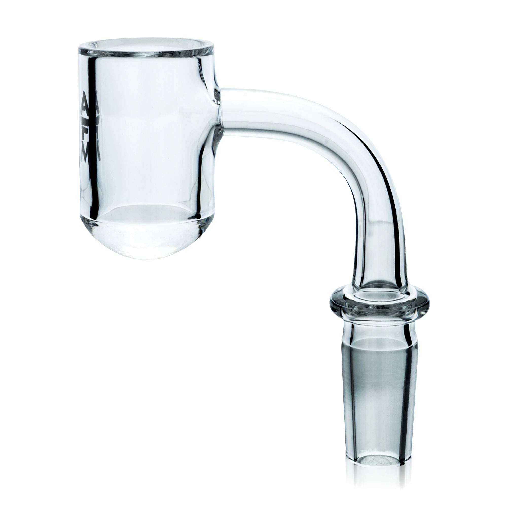 A close-up shows the Round Thick Bottom 3mm x 25mm Quartz Banger from a low angle, highlighting its clear quartz construction. A close-up shows the Round Thick Bottom 3mm x 25mm Quartz Banger from a low angle, highlighting its clear quartz construction.