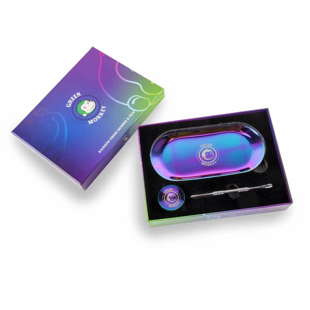 Top-down view of the Rainbow Grinder & Tray Kit, showcasing its components arranged on a white background. Top-down view of the Rainbow Grinder & Tray Kit, showcasing its components arranged on a white background.