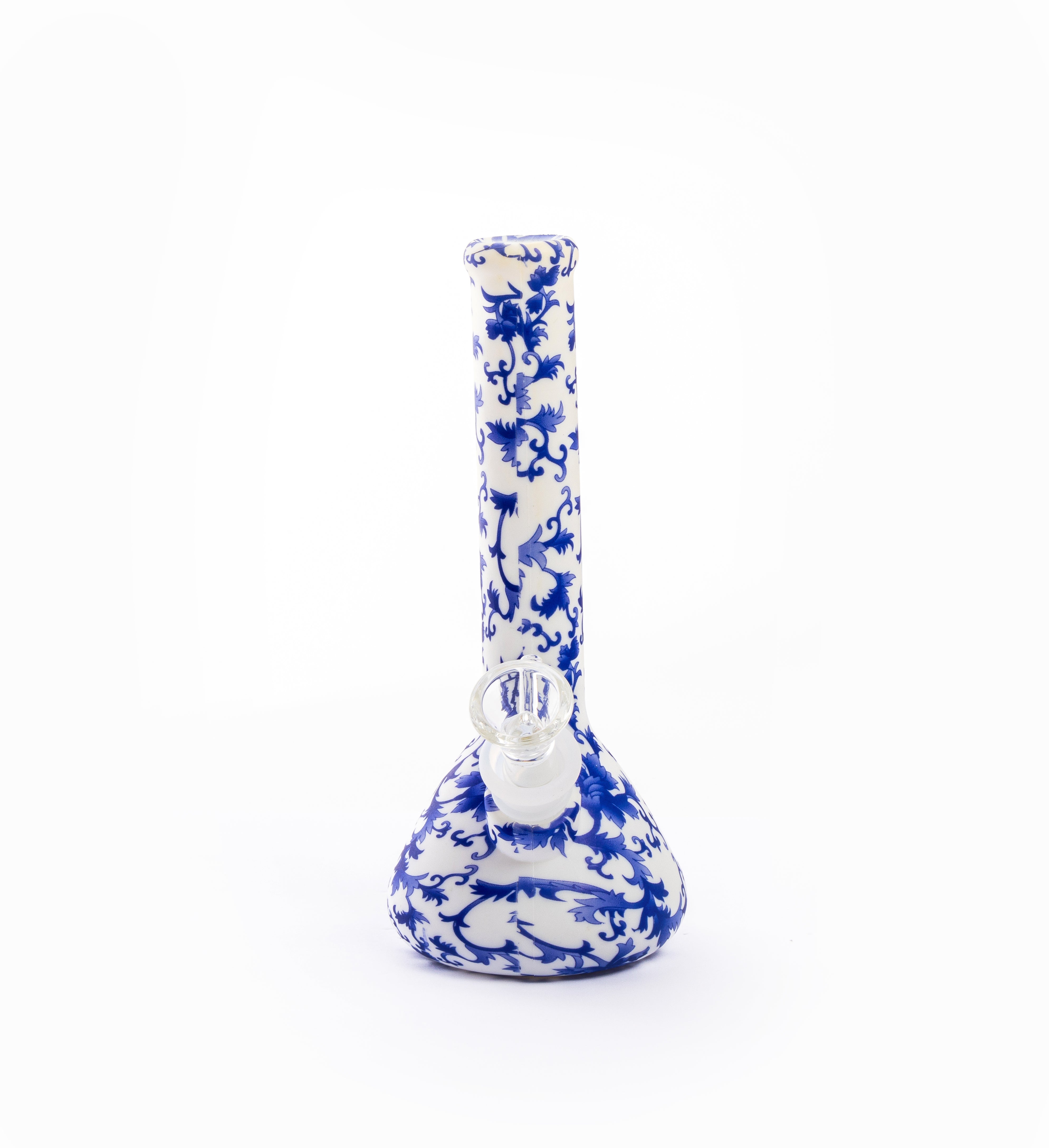 Front view of the Floral Silicone Bong, showcasing a patterned white and blue silicone piece with a classic bong shape. Front view of the Floral Silicone Bong, showcasing a patterned white and blue silicone piece with a classic bong shape.