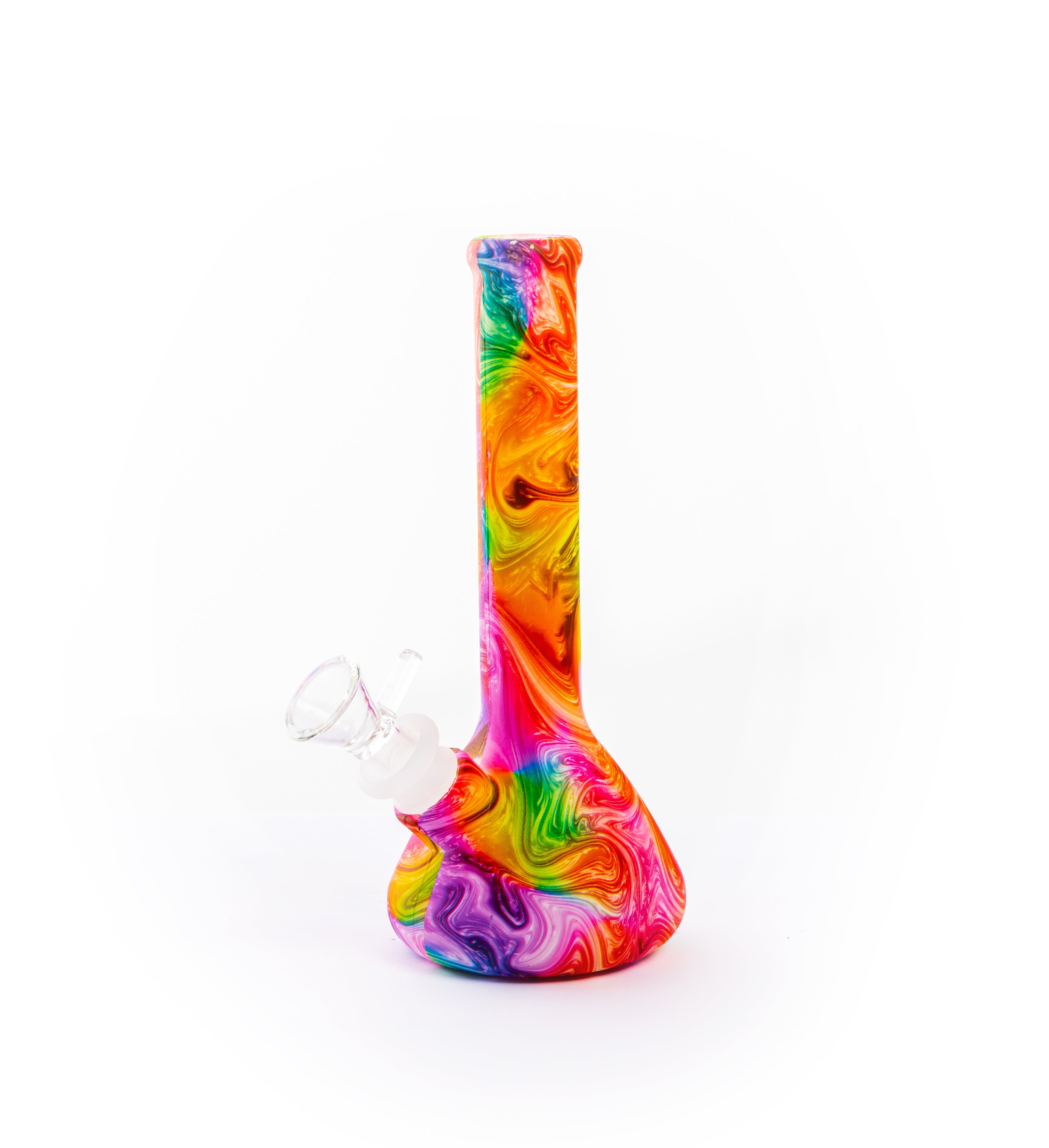 Front view of the Psychedelic Silicone Bong, showcasing its vibrant, swirling color pattern against a plain white background. Front view of the Psychedelic Silicone Bong, showcasing its vibrant, swirling color pattern against a plain white background.