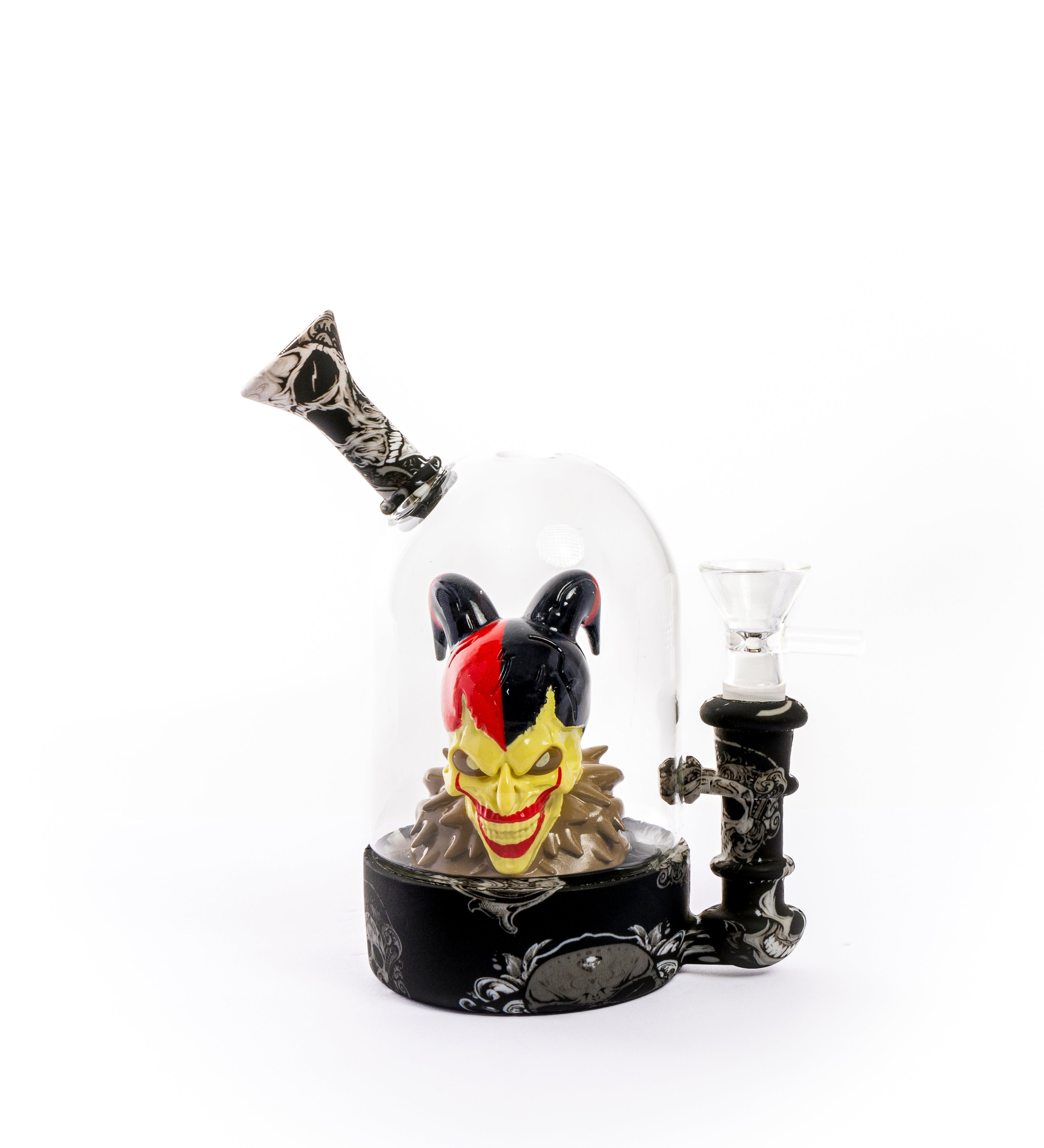A striking front view of the Jester Dome Glass Bong, showcasing a uniquely shaped glass piece with a domed design. A striking front view of the Jester Dome Glass Bong, showcasing a uniquely shaped glass piece with a domed design.