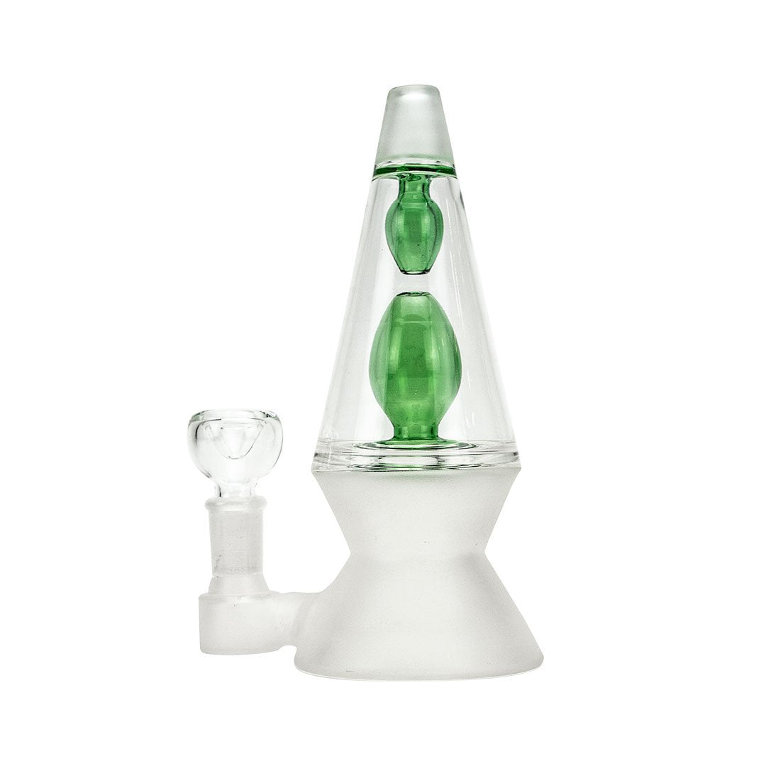 A front view of the 70s Bong, a clear glass water pipe with a unique, rounded shape and visible joint. A front view of the 70s Bong, a clear glass water pipe with a unique, rounded shape and visible joint.