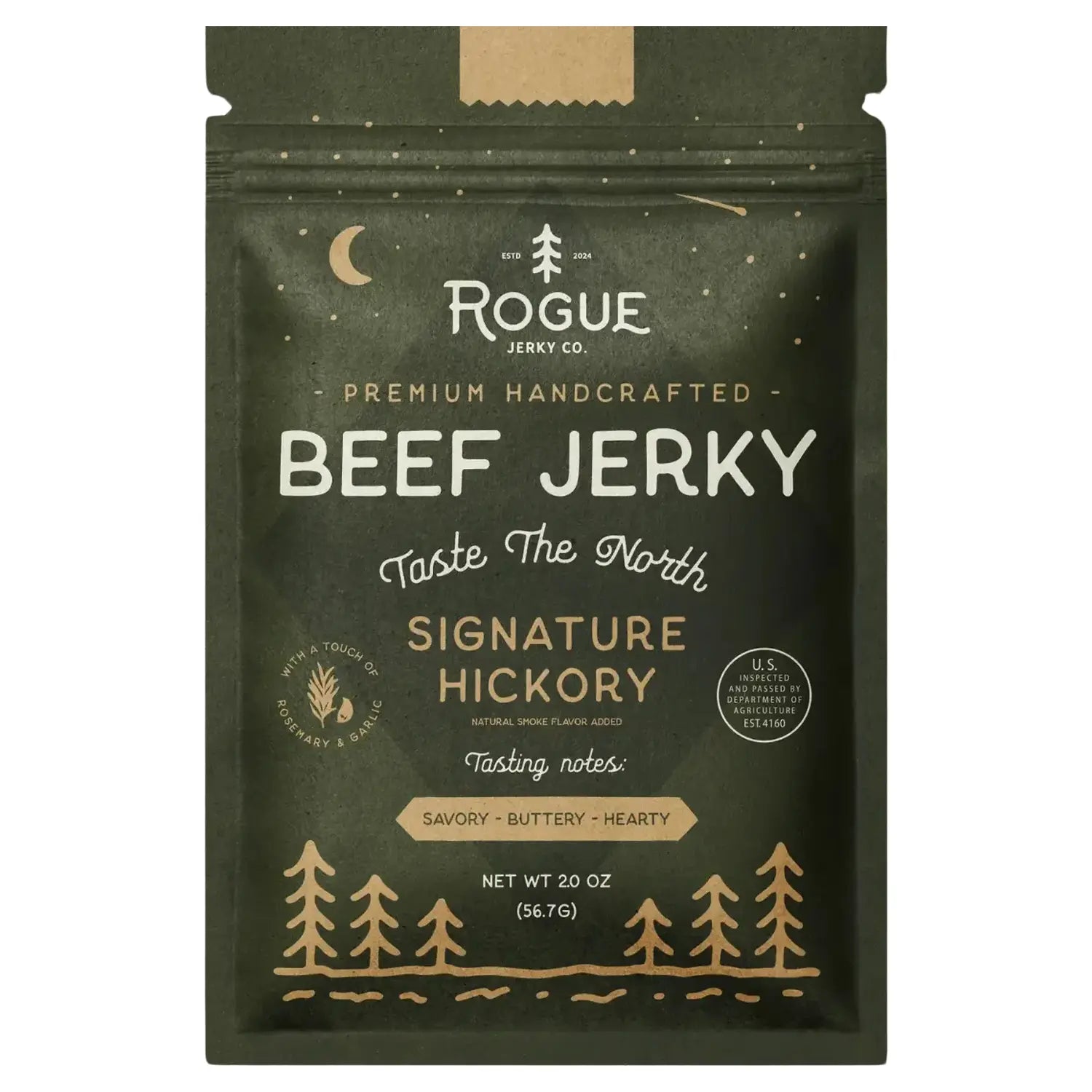 Rogue Jerky Co. Signature Hickory Beef Jerky packaging shown in a close-up, featuring bold text and a rustic design. Rogue Jerky Co. Signature Hickory Beef Jerky packaging shown in a close-up, featuring bold text and a rustic design.