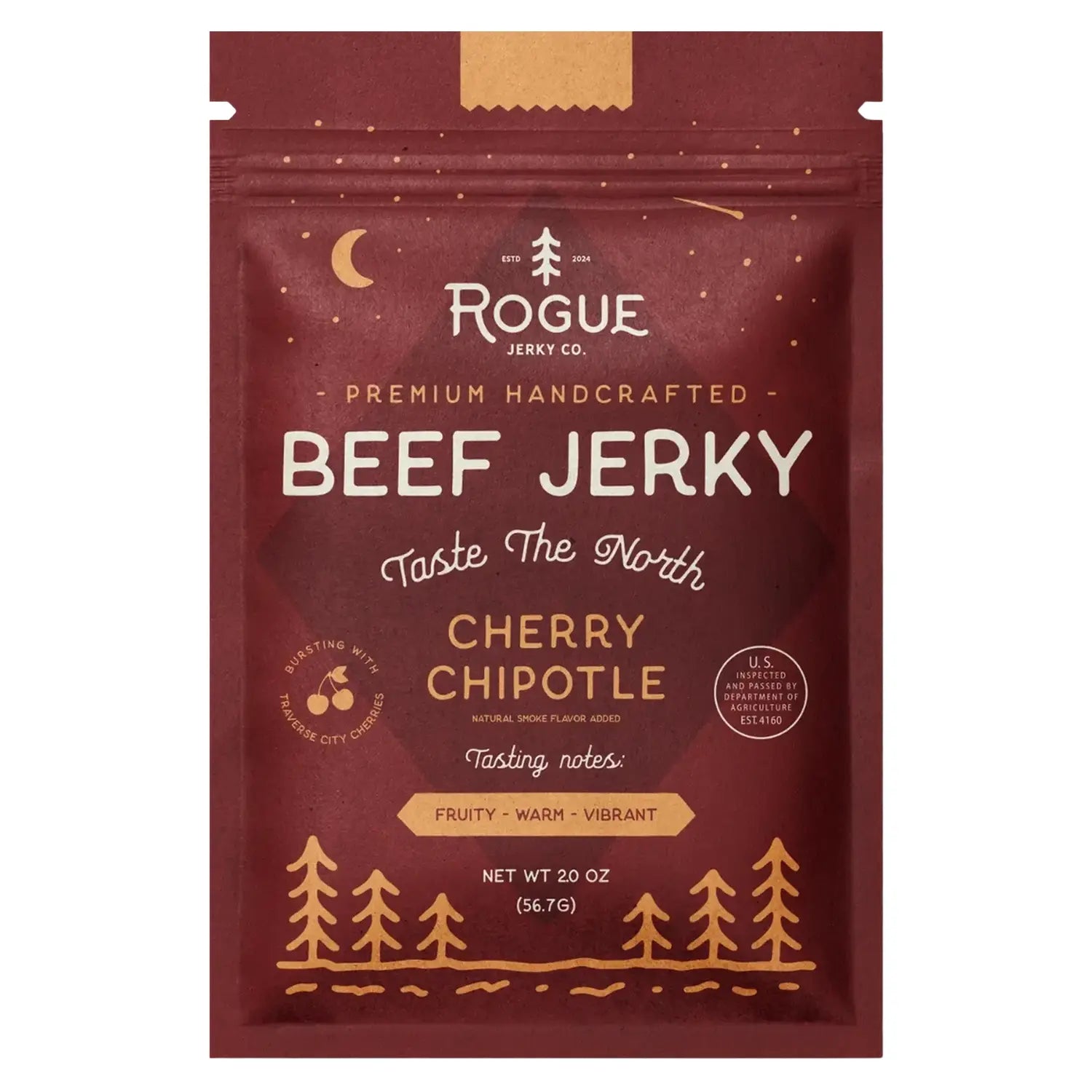A close-up of Rogue Jerky Co. Cherry Chipotle Beef Jerky packaging with bold text against a dark background. A close-up of Rogue Jerky Co. Cherry Chipotle Beef Jerky packaging with bold text against a dark background.
