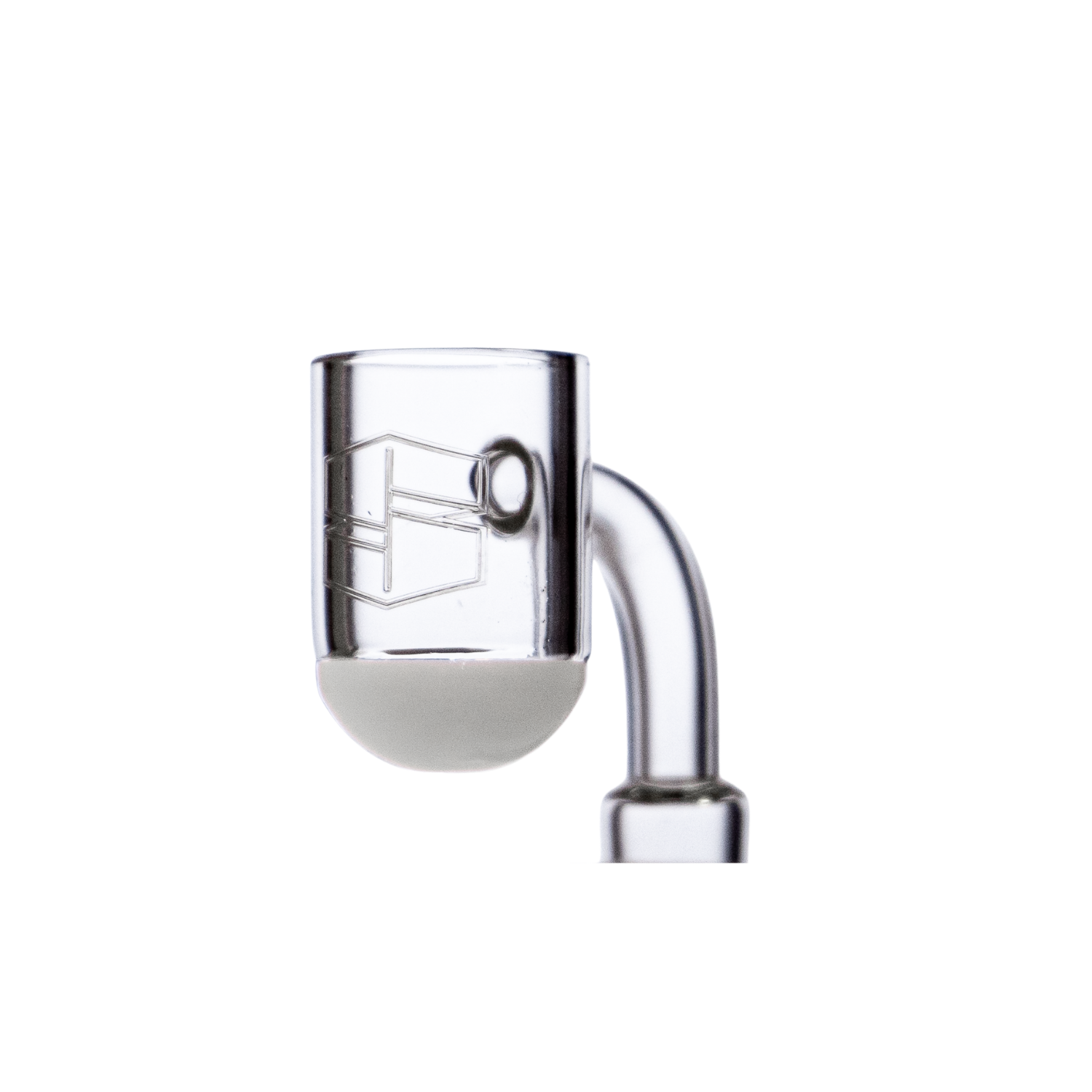 A studio shot of the White Round Bottom Banger, displaying its curved base and clear glass construction from a slightly angled perspective. A studio shot of the White Round Bottom Banger, displaying its curved base and clear glass construction from a slightly angled perspective.