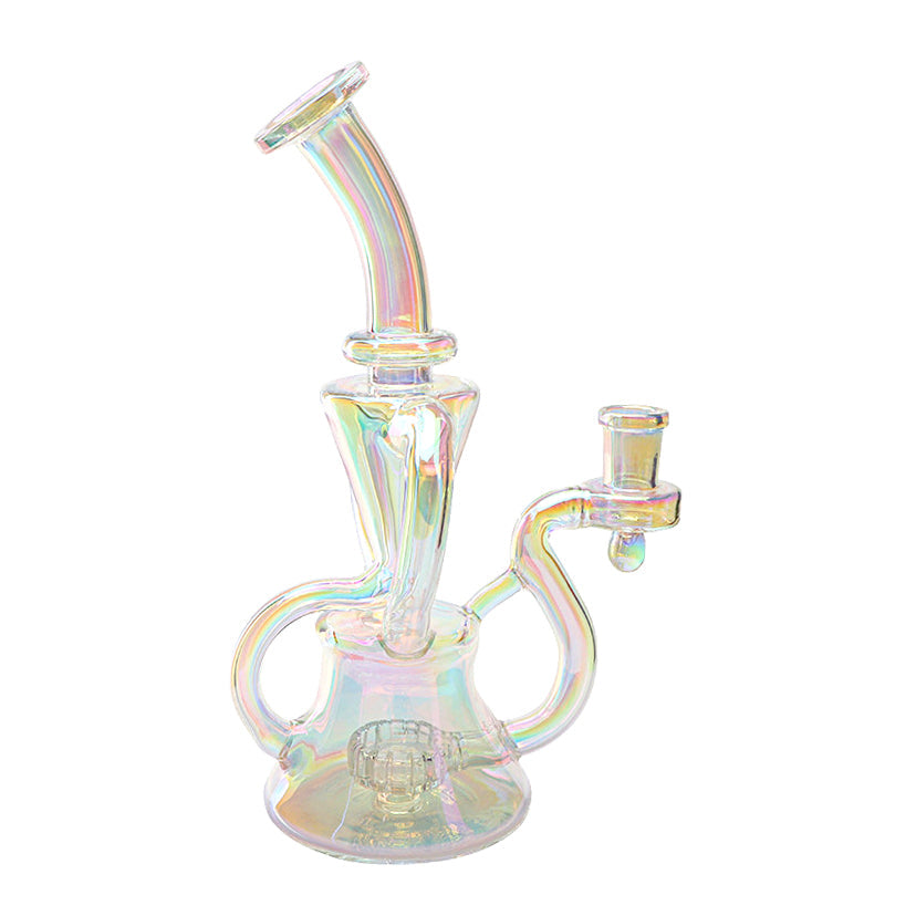 A three-quarter view of the Showerhead Recycler Dab Rig, showcasing its clear glass construction and intricate, multi-tiered design. A three-quarter view of the Showerhead Recycler Dab Rig, showcasing its clear glass construction and intricate, multi-tiered design.