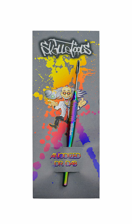 A front view of the Anodized Dr. Dab Dabber, displaying its metallic finish against a splatter-paint backdrop. A front view of the Anodized Dr. Dab Dabber, displaying its metallic finish against a splatter-paint backdrop.