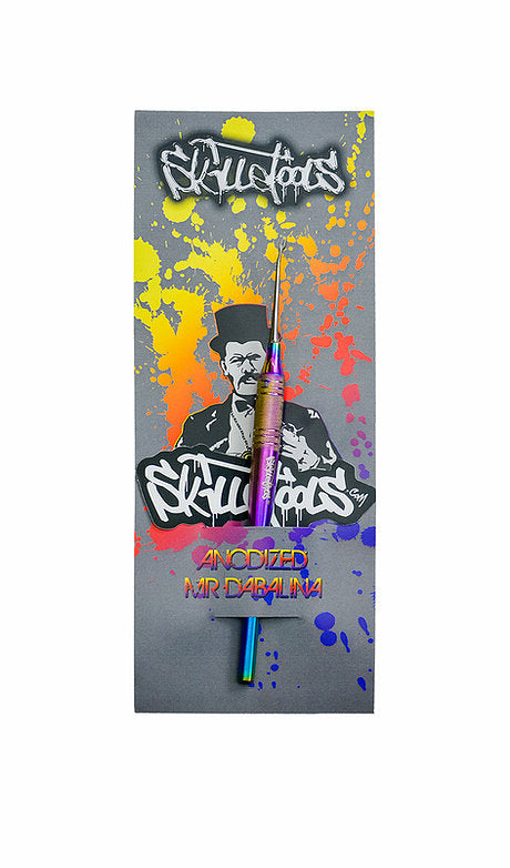 Front view of the Anodized Mr. Dabalina Dabber with a metallic finish, displayed against a colorful, splattered background. Front view of the Anodized Mr. Dabalina Dabber with a metallic finish, displayed against a colorful, splattered background.