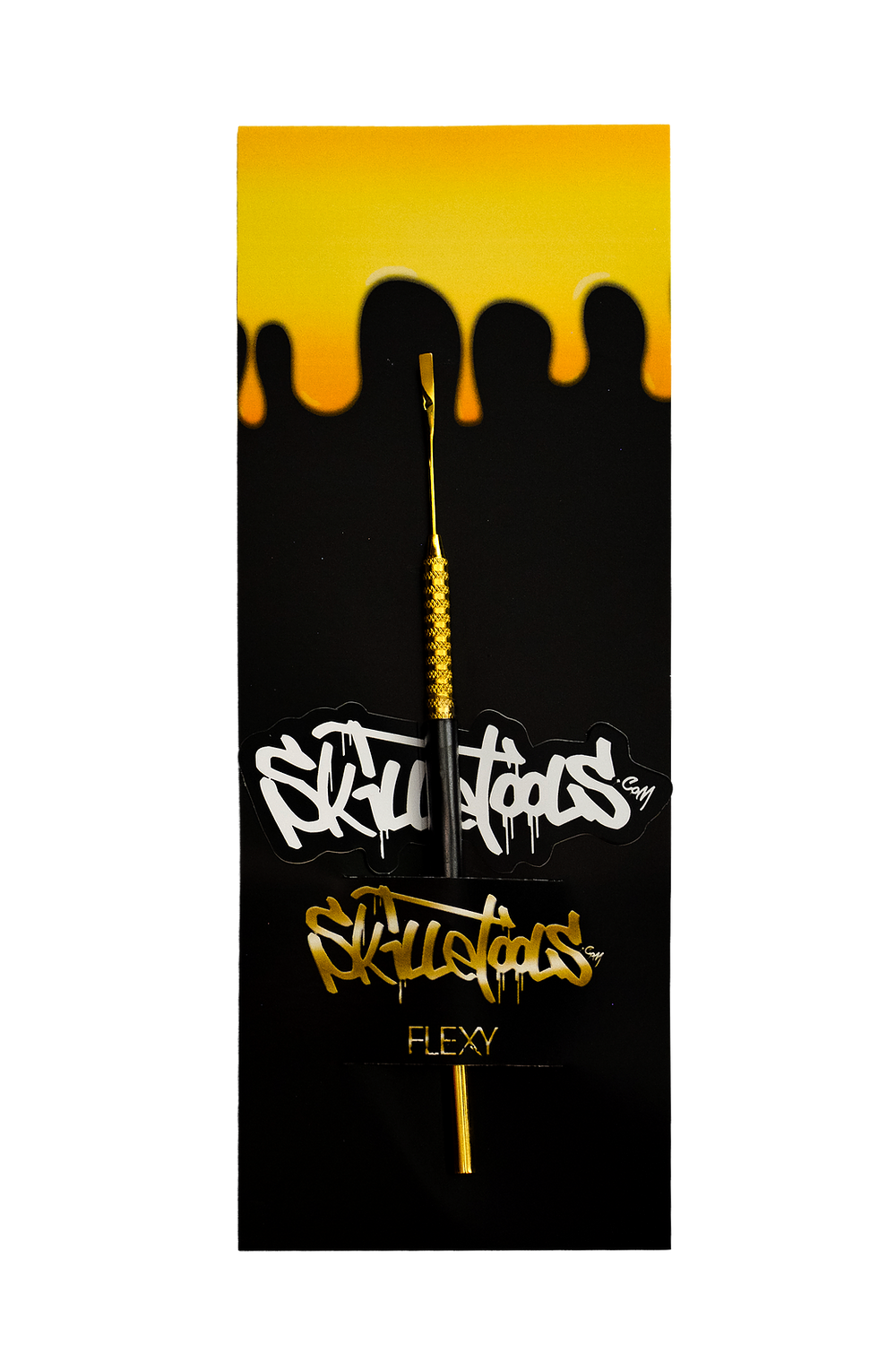 Front view of the Gold Flexy Dabber with a golden, flowing design against a black background. Front view of the Gold Flexy Dabber with a golden, flowing design against a black background.