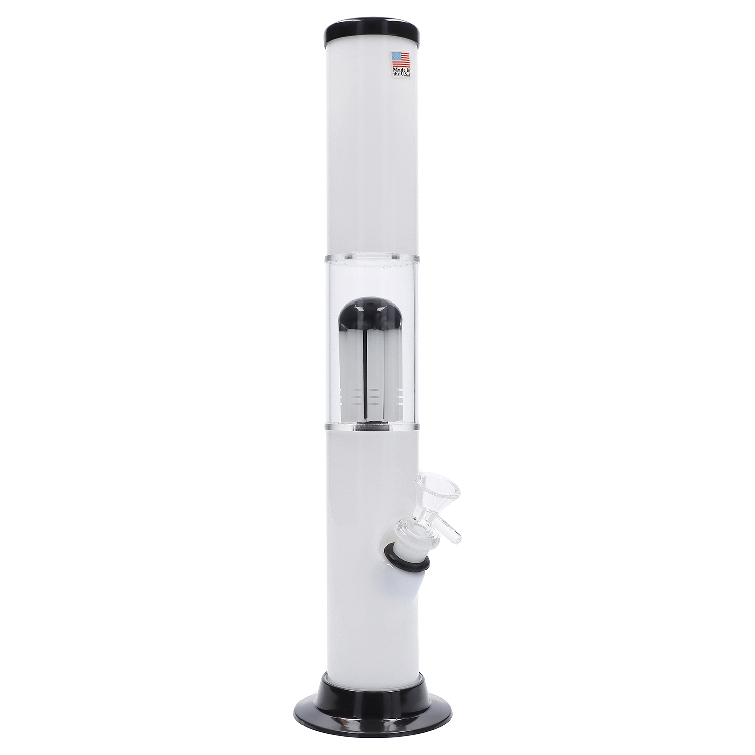Front view of the JM Plastics Straight Tube with Glass Perc Acrylic Water Pipe, showcasing its clear acrylic body and simple cylindrical form. Front view of the JM Plastics Straight Tube with Glass Perc Acrylic Water Pipe, showcasing its clear acrylic body and simple cylindrical form.