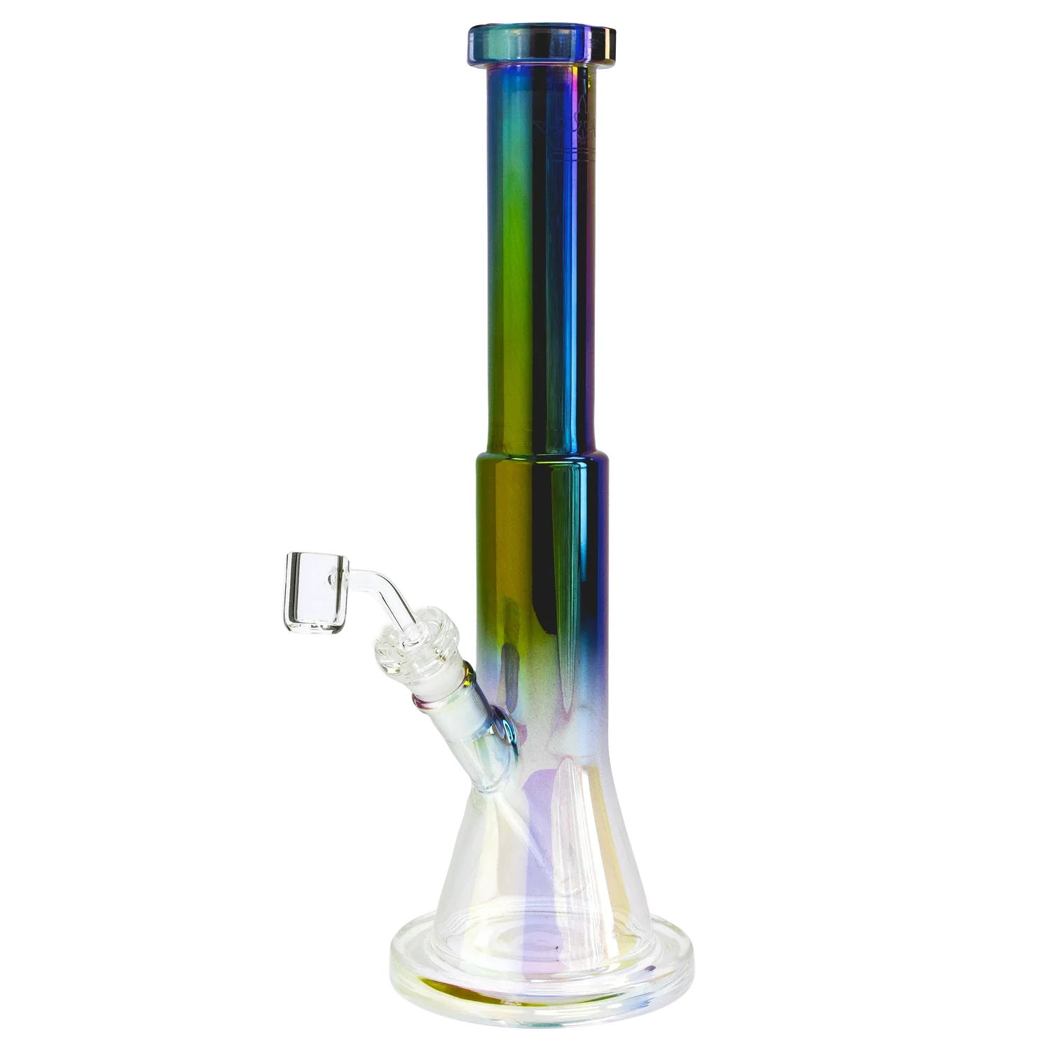 Front view of the 14-inch Black Obsidian dual-use water pipe, showcasing its iridescent glass and sleek, tapered form. Front view of the 14-inch Black Obsidian dual-use water pipe, showcasing its iridescent glass and sleek, tapered form.