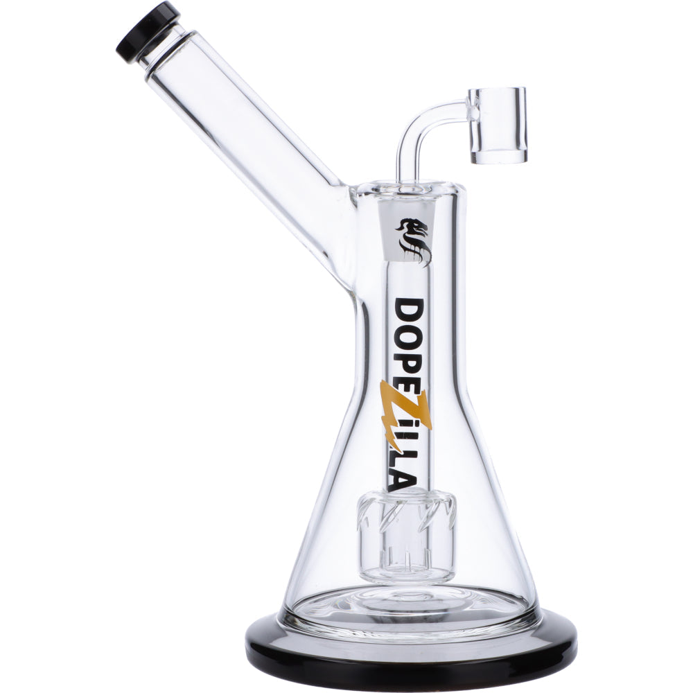 A studio shot of the 9-inch Dopezilla Basilisk Dab Rig, showcasing its clear glass construction and unique bent neck design. A studio shot of the 9-inch Dopezilla Basilisk Dab Rig, showcasing its clear glass construction and unique bent neck design.