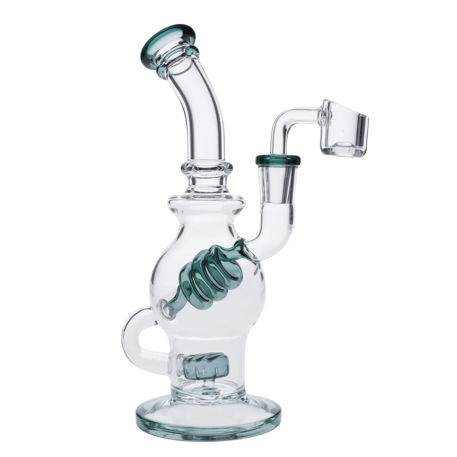 Front view of the Coil Incycler Rig, a clear glass water pipe with a curved neck and circular base. Front view of the Coil Incycler Rig, a clear glass water pipe with a curved neck and circular base.