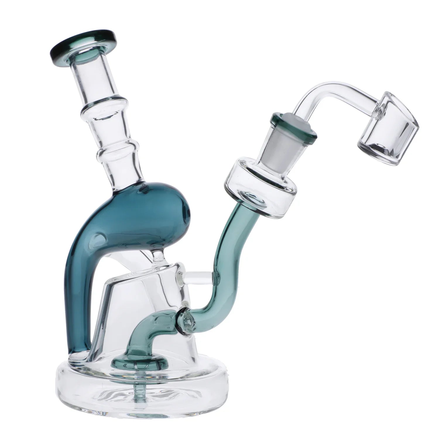 A close-up, angled view of the Telescope Dab Rig, showcasing its clear glass construction and compact design. A close-up, angled view of the Telescope Dab Rig, showcasing its clear glass construction and compact design.