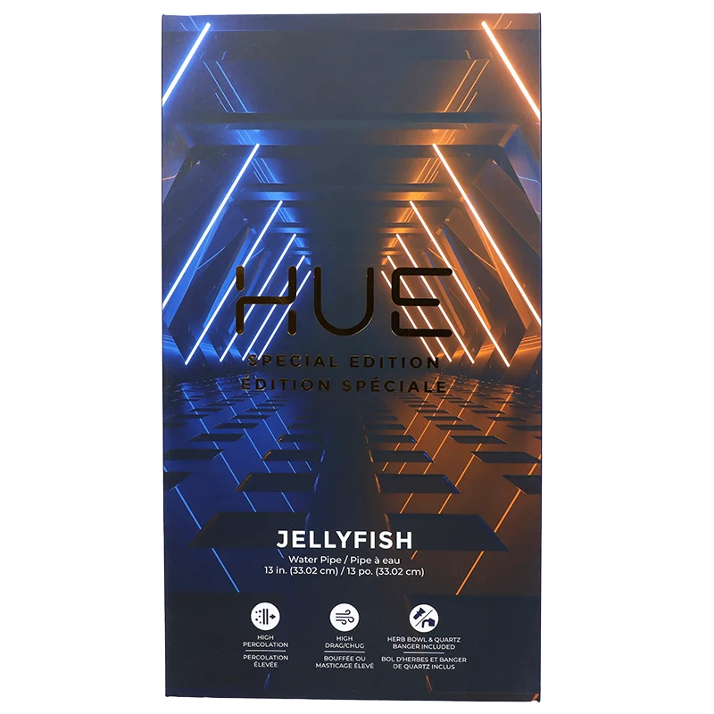 Front view of the Hue Special Edition Water Pipe, showcasing its tall, clear glass construction and branded lettering. Front view of the Hue Special Edition Water Pipe, showcasing its tall, clear glass construction and branded lettering.