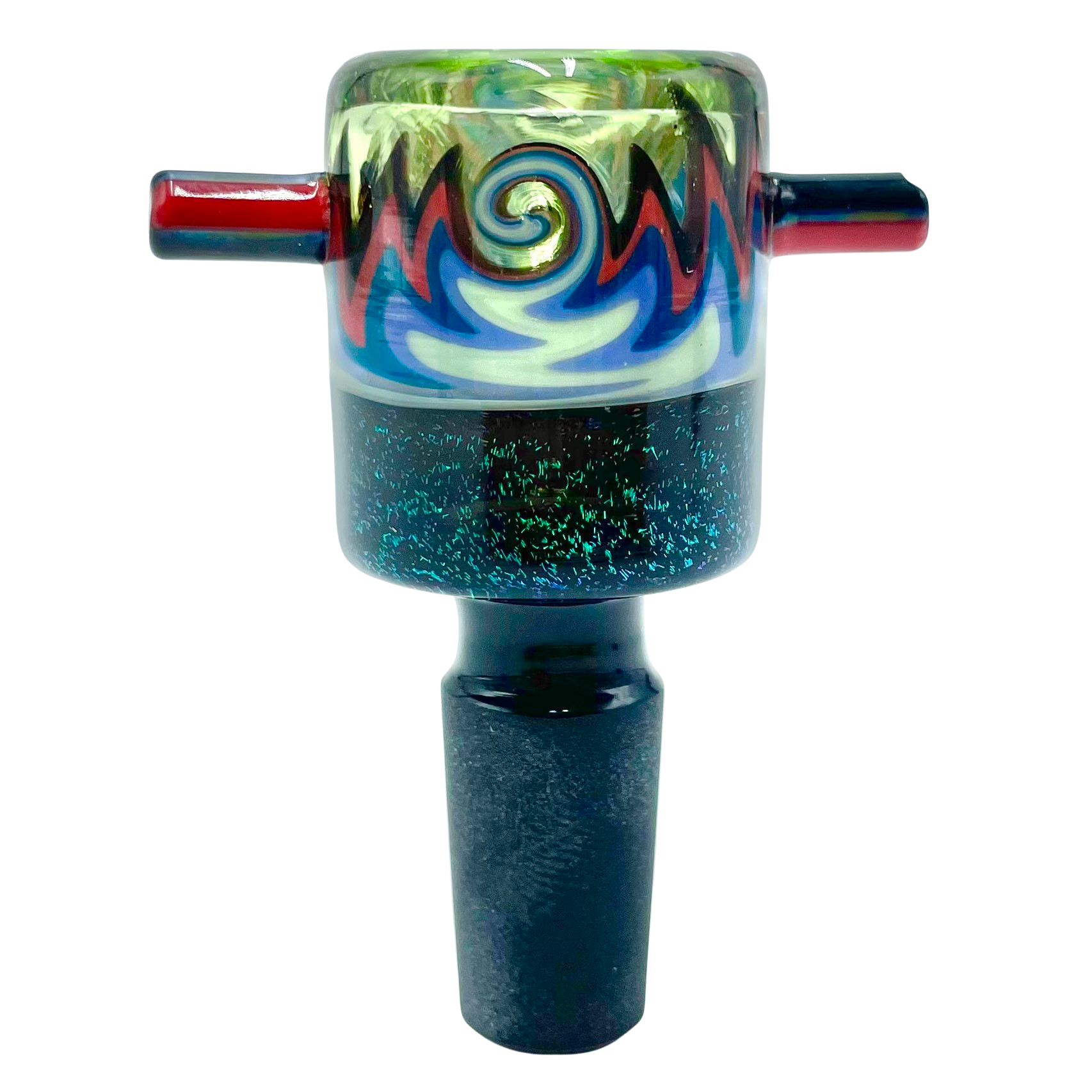 A detailed close-up of the Lucky Goat Galaxy Glass Bowl, showcasing swirling colors and a rounded shape. A detailed close-up of the Lucky Goat Galaxy Glass Bowl, showcasing swirling colors and a rounded shape.