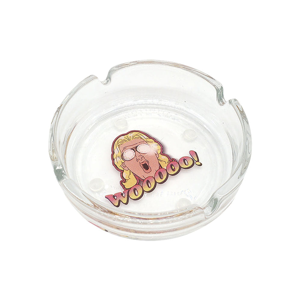 The Ric Flair Drip Glass Ashtray is pictured from above, showing its circular shape and clear glass construction. The Ric Flair Drip Glass Ashtray is pictured from above, showing its circular shape and clear glass construction.