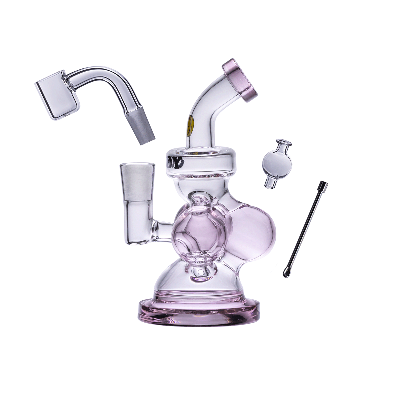 Front view of the Atom Mini Dab Rig 4-Piece Kit, showing the purple rig with a curved mouthpiece and included tools on a white background. Front view of the Atom Mini Dab Rig 4-Piece Kit, showing the purple rig with a curved mouthpiece and included tools on a white background.