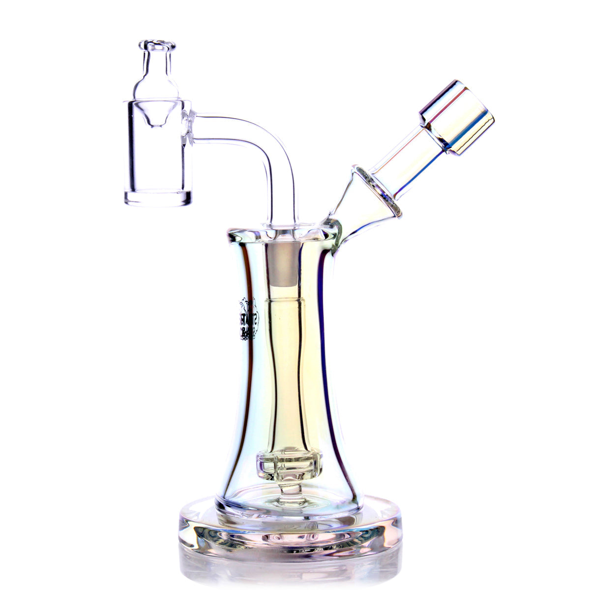 A front view of the Aurelia Mini Rig, showcasing its compact size and clear glass construction on a reflective surface. A front view of the Aurelia Mini Rig, showcasing its compact size and clear glass construction on a reflective surface.