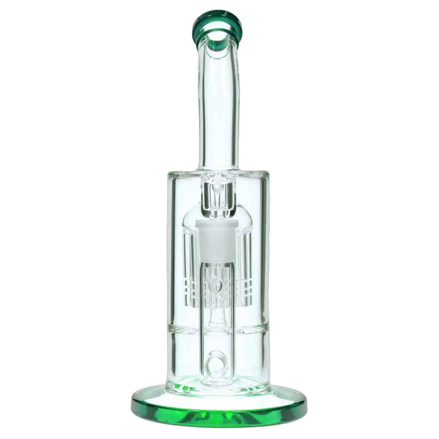 Front view of the 9-inch Bent Neck with Tree Perc Dab Rig in green, showcasing its curved neck and glass construction. Front view of the 9-inch Bent Neck with Tree Perc Dab Rig in green, showcasing its curved neck and glass construction.