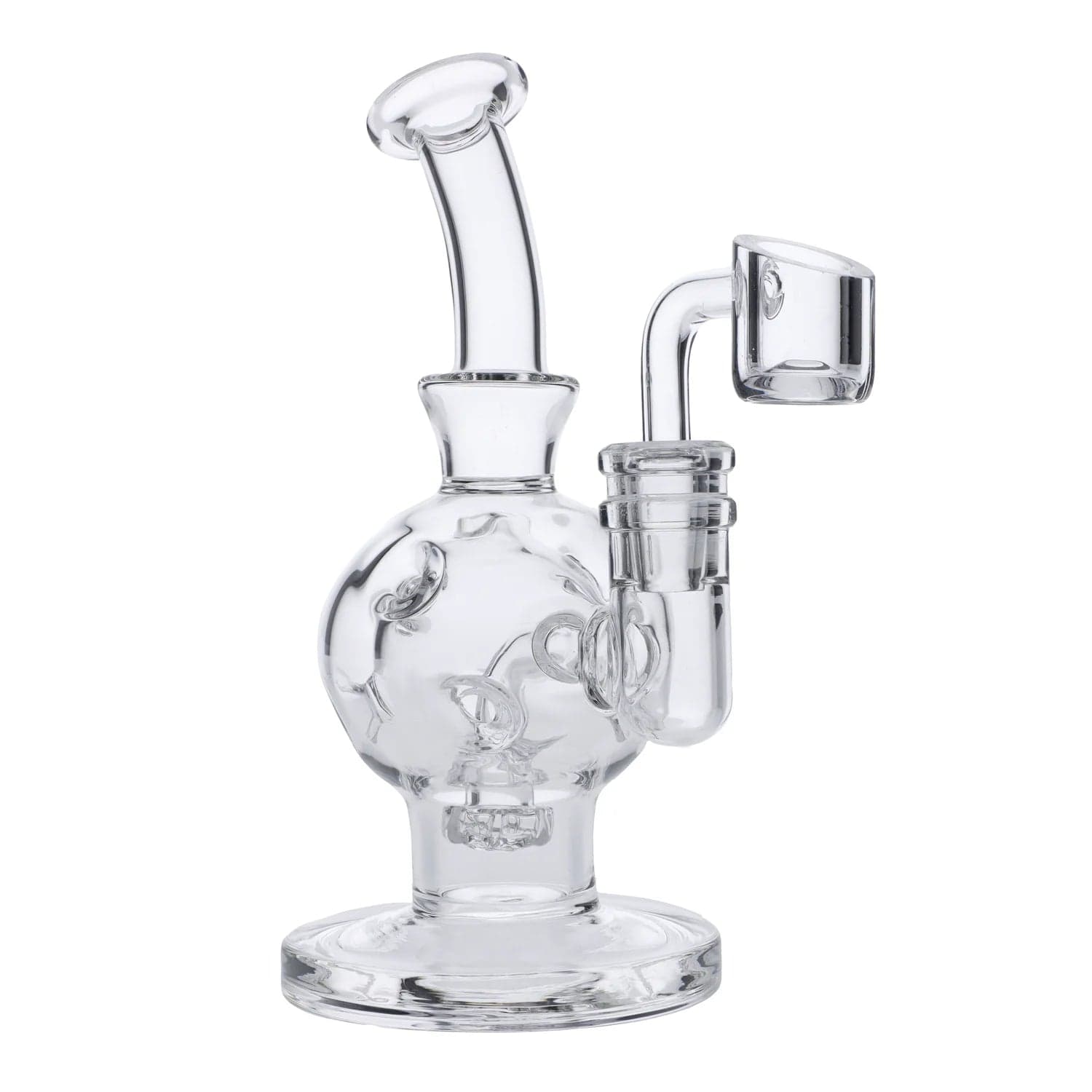 A three-quarter view of the Swiss Incycler Mini Rig, a clear glass rig with a joint visible at the top. A three-quarter view of the Swiss Incycler Mini Rig, a clear glass rig with a joint visible at the top.