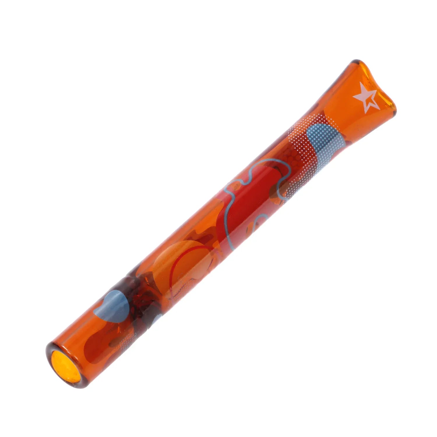 A close-up, angled view of the 4-inch Famous Design Papaya Chillum, showcasing its clear glass construction. A close-up, angled view of the 4-inch Famous Design Papaya Chillum, showcasing its clear glass construction.